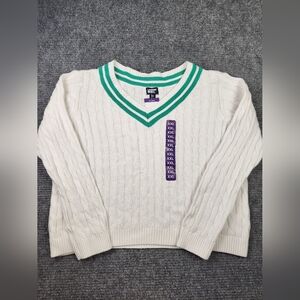 Lands End Tennis Cable Knit Drifter Sweater Womens XXL Preppy V-neck White Green